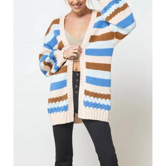 NEW BESTTO multicolor striped open-front cardigan in blue/cream/brown/light blue - Picture 1 of 2
